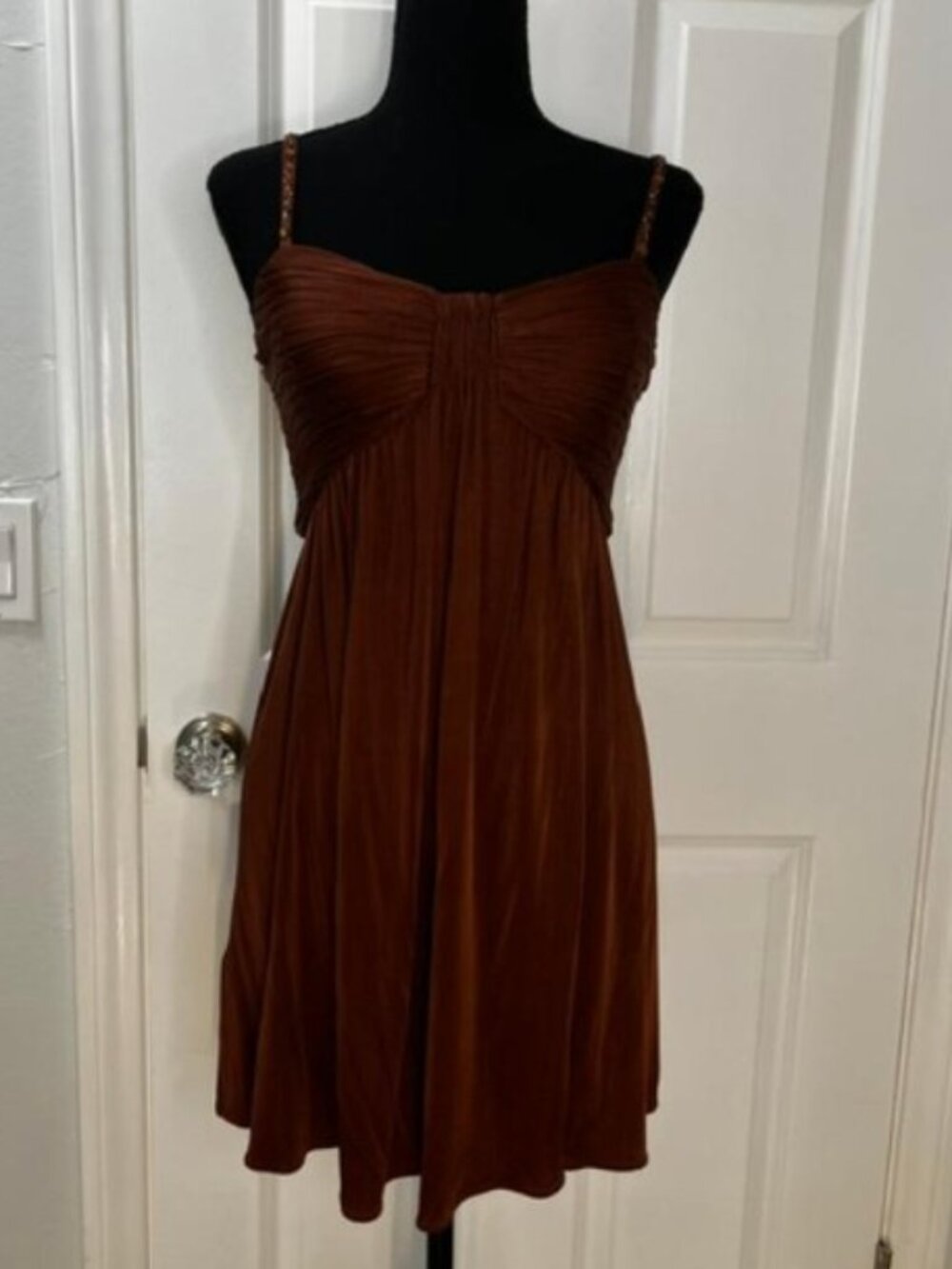 BCBG MAX AZRIA Empire Waist Mini Dress in Brown - Beaded Straps – Size 10 Petite